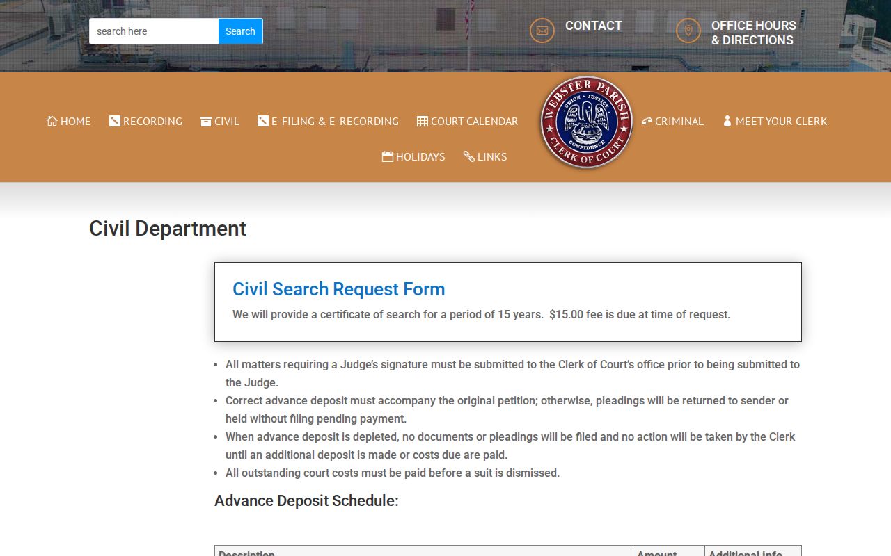 Webster Parish civil docket records and Civil Department access