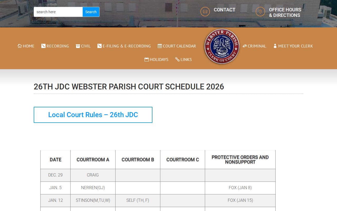 Webster Parish court calendar showing official courtroom date columns