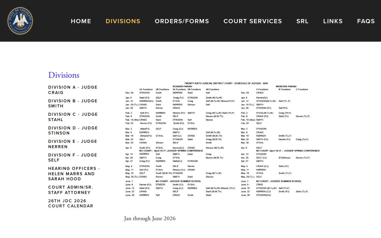 Webster Parish court dates on the 26th Judicial District Court calendar