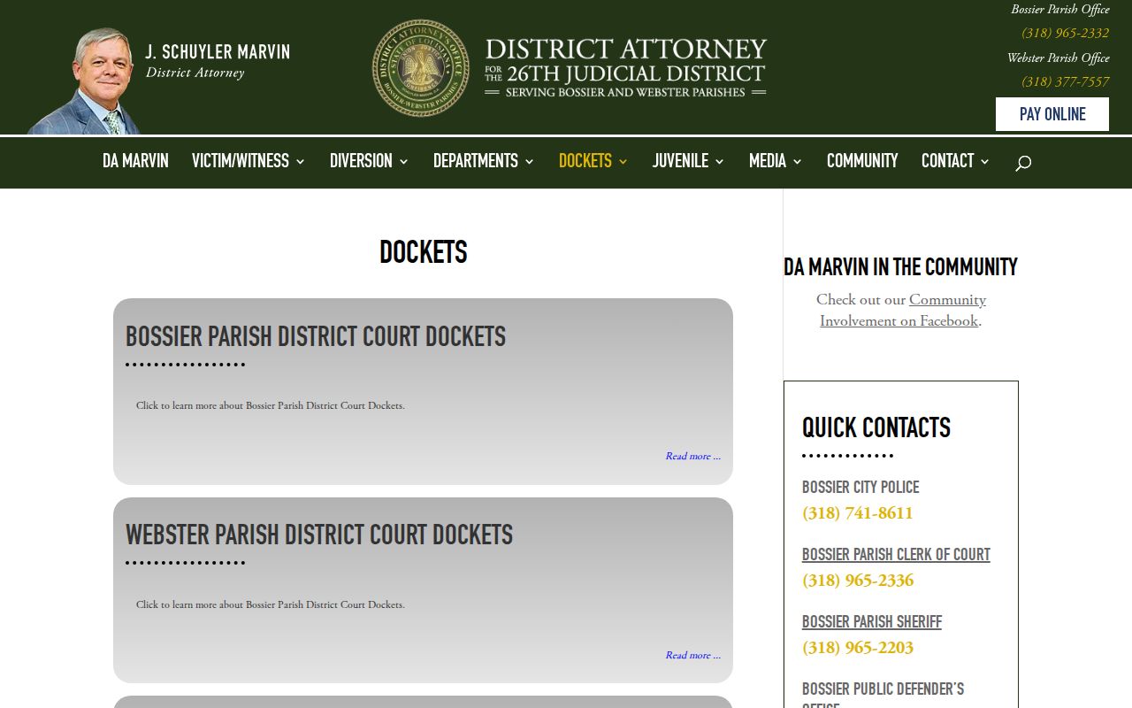 Webster Parish court dates from the 26th District Attorney docket archive
