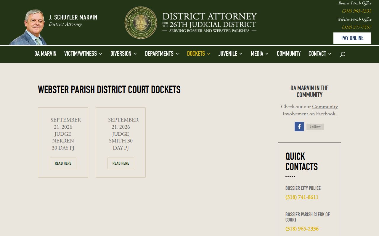 Webster Parish criminal docket PDF archive from the 26th District Attorney