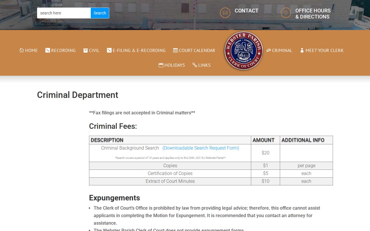 Webster Parish criminal docket records at the Clerk's criminal department